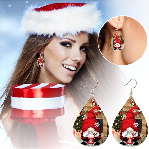 HOLIDAY Santa with Cocoa Teardrop Dangle Drop Earrings 2 sided Jewelry NEW 3” - Picture 7 of 9